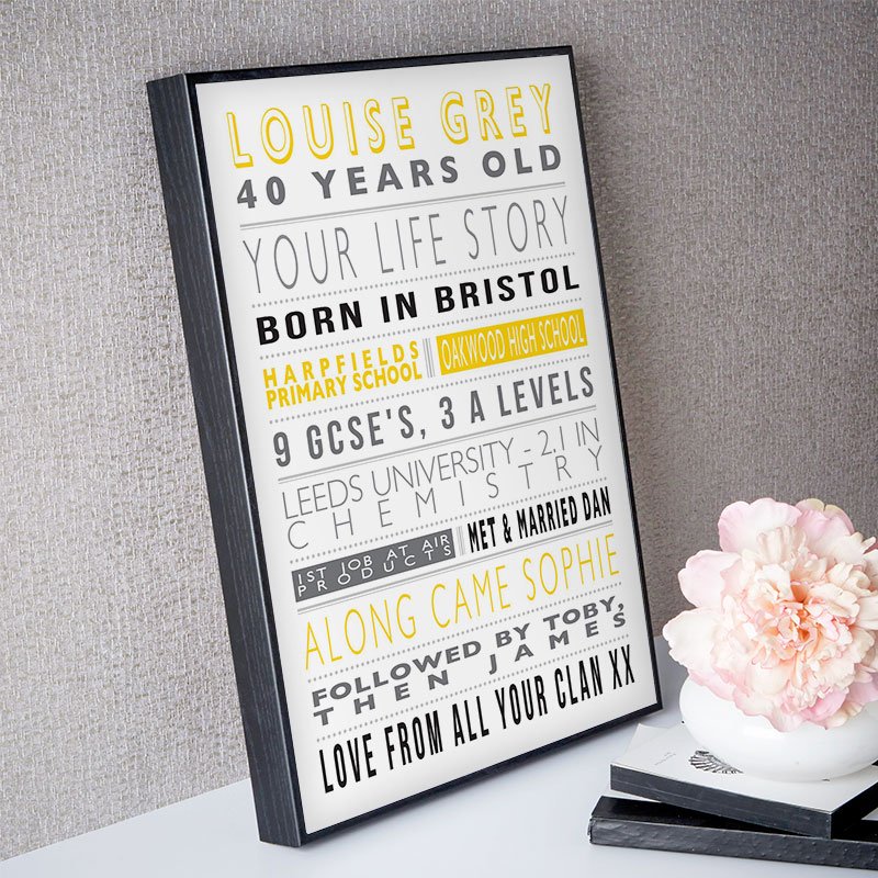 personalised 40th birthday gift for her life story unique print