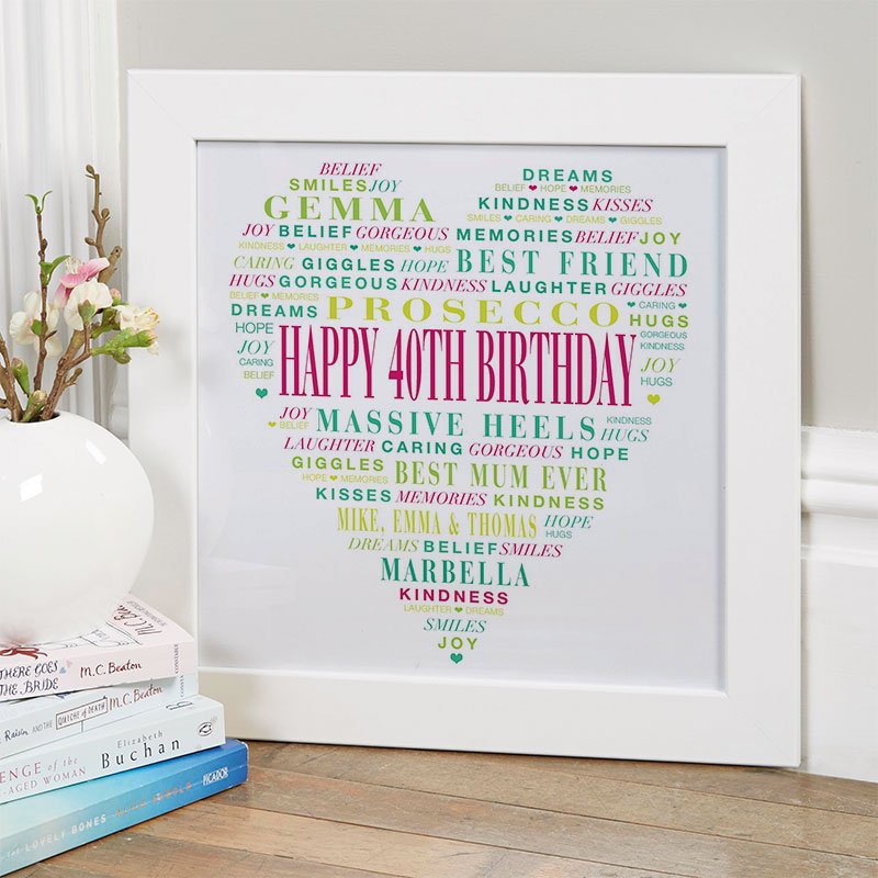 40th birthday present ideas for her love heart personalised print