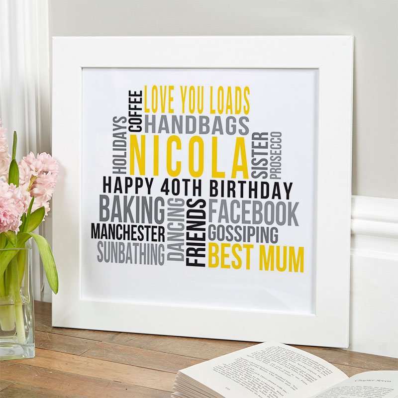 40th birthday gift for her personalised wall art word print square likes
