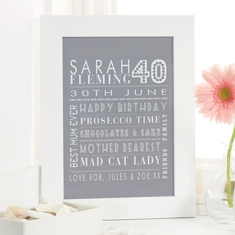 personalised 40th birthday present for her word picture print corner