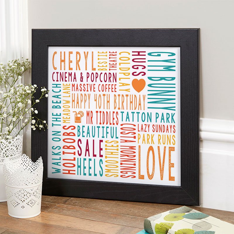 40th birthday gift ideas for her personalised word art square