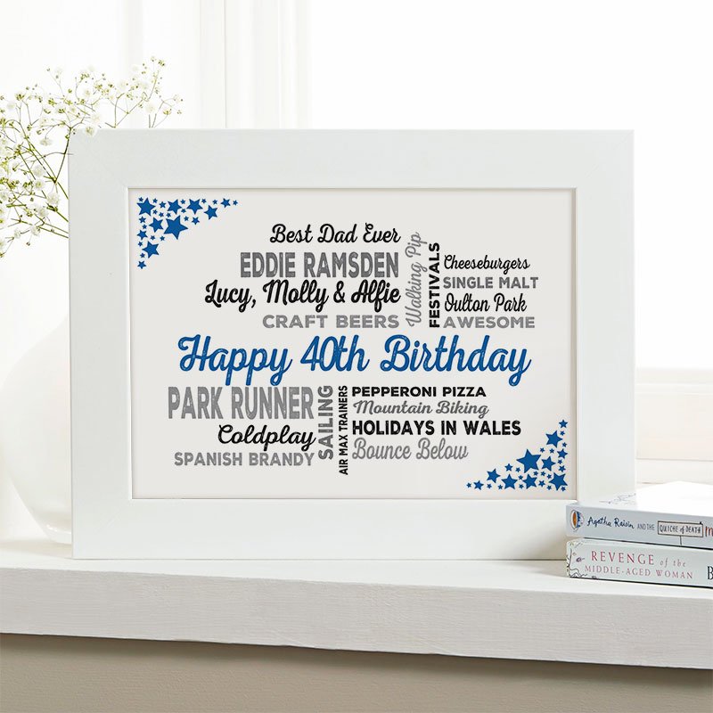 personalised 40th birthday gift for men typographic wall art print