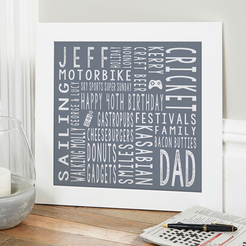 personalised 40th birthday gift for him unique word print