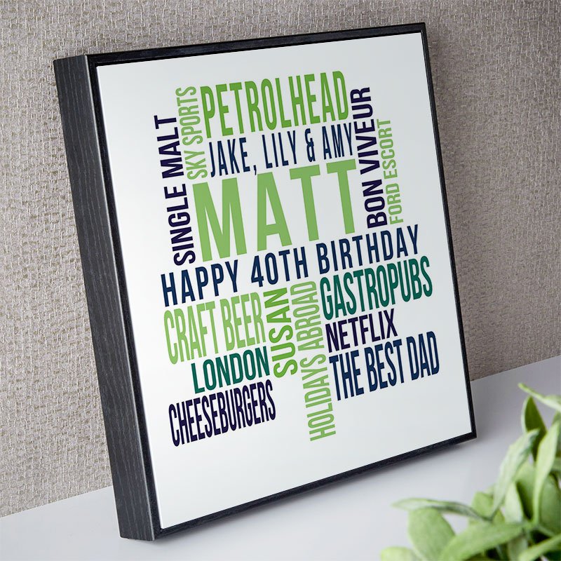 40th birthday gift for him personalised wall art word print square likes