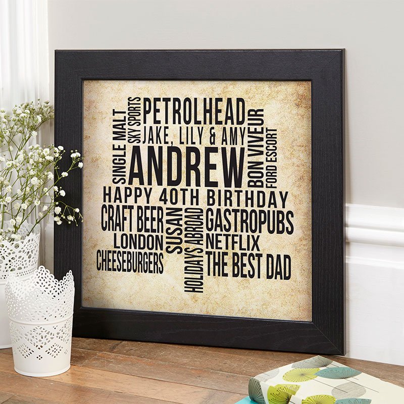 40th birthday gift inspiration for man personalised word print square likes
