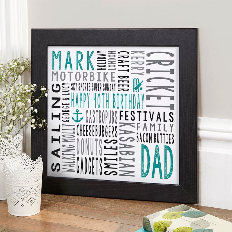 40th birthday gift ideas for men personalised word art square