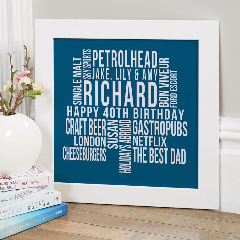 40th birthday gift ideas for him personalised word art print square likes