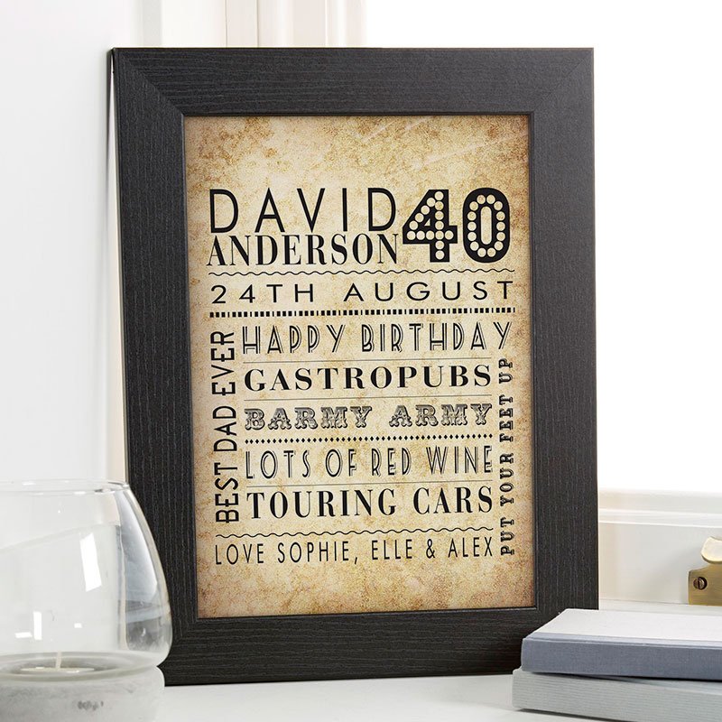 40th birthday gift idea for him personalised print corner
