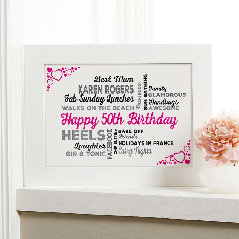 personalised 50th birthday gift for her typographic wall art print