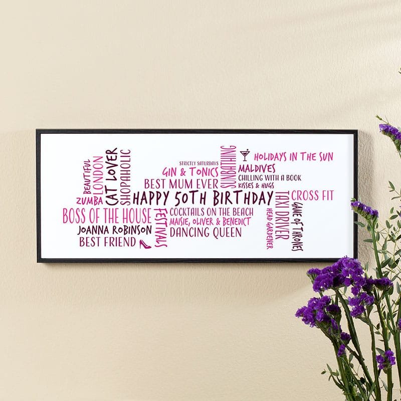 50th birthday gift for her personalised word cloud canvas picture