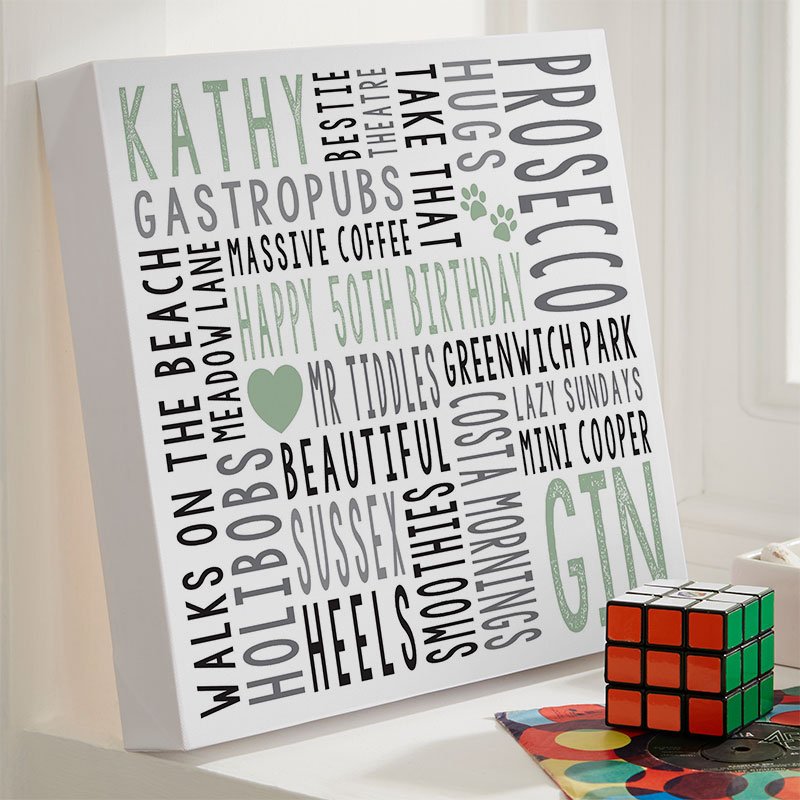 personalised 50th birthday gift for her word art square print