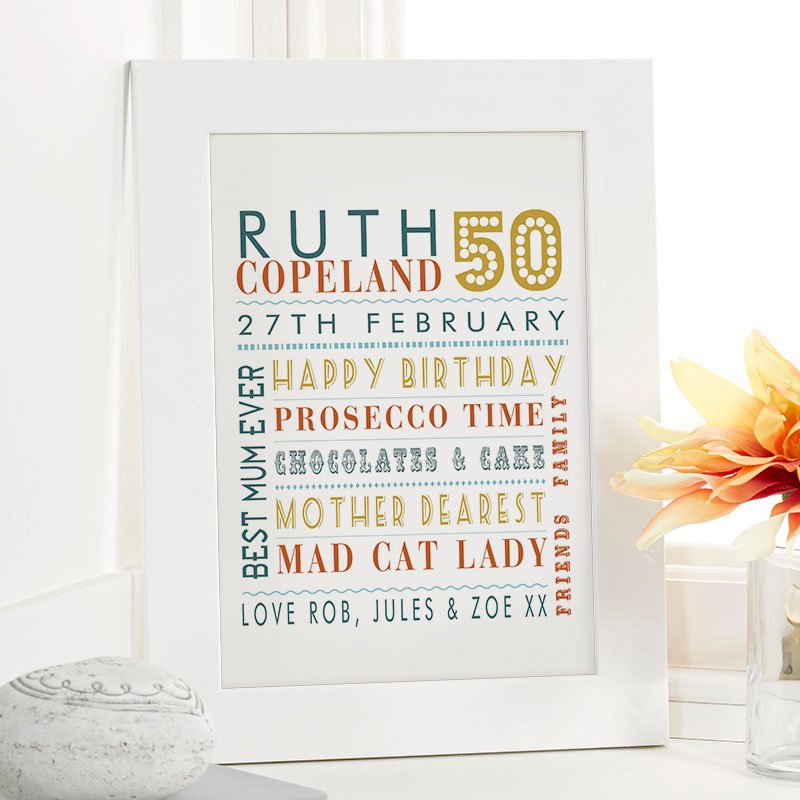 personalised 50th birthday present for her word art age print