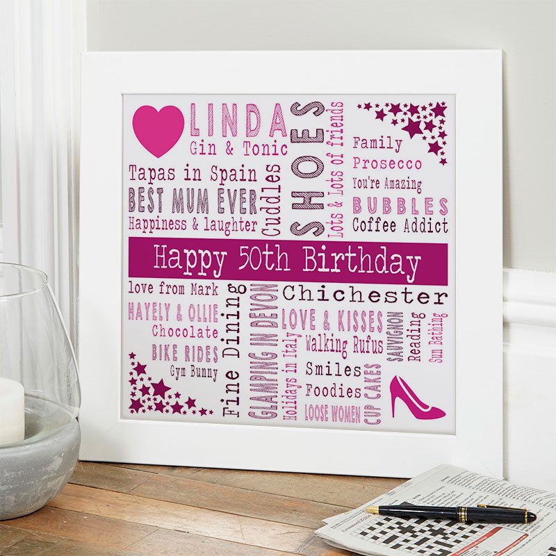 50th birthday present for wife inspiration unique personalised print square corner