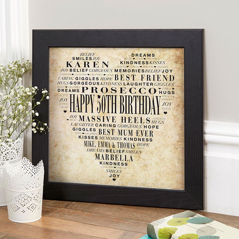 50th birthday present ideas for her love heart personalised print