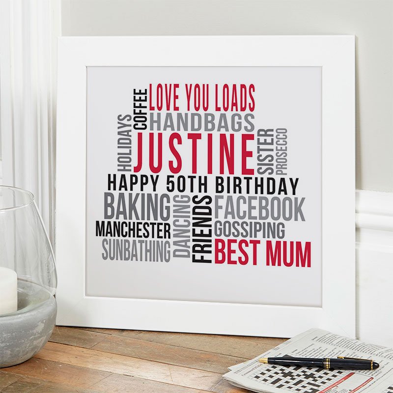 50th birthday gift inspiration personalised word print square likes