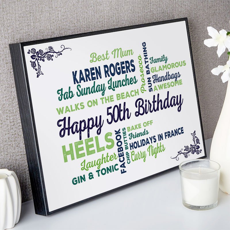 unusual 50th birthday gift for her typographic wall art framed print