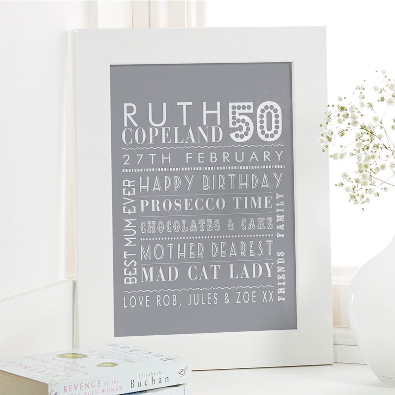 personalised 50th birthday present for her word picture print corner
