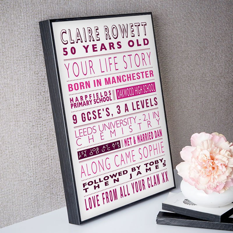 50th birthday present ideas for her life story picture print