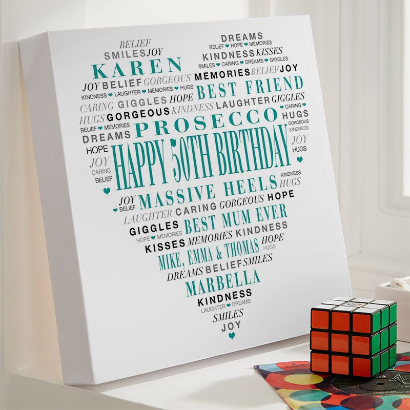 personalised 50th birthday gift for her love heart word art