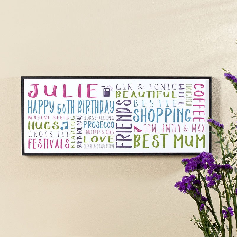 personalised 50th birthday gifts for her word art print panoramic