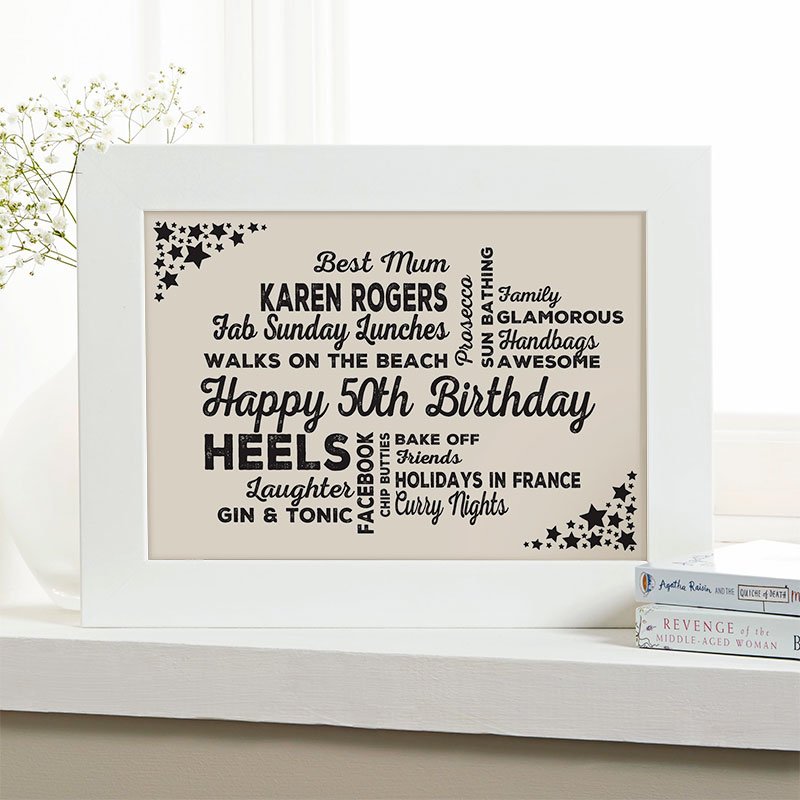 50th birthday personalised gift idea for her word art for walls typography print