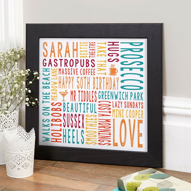 50th birthday present for her personalised word print square