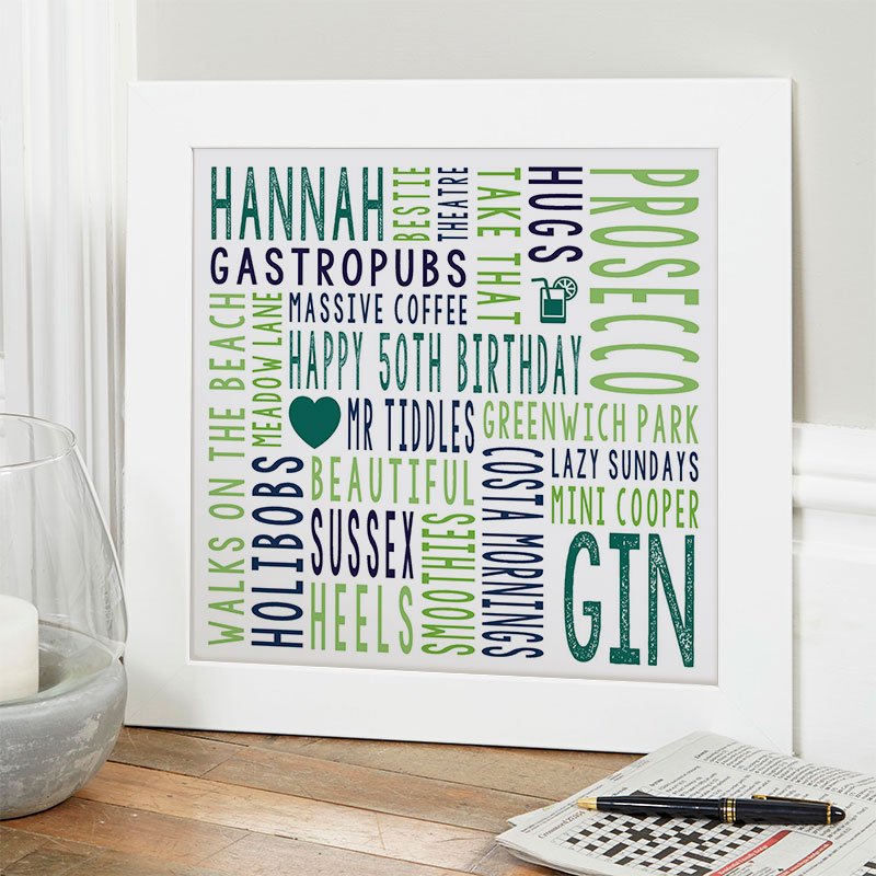 50th birthday gift ideas for her personalised word art square