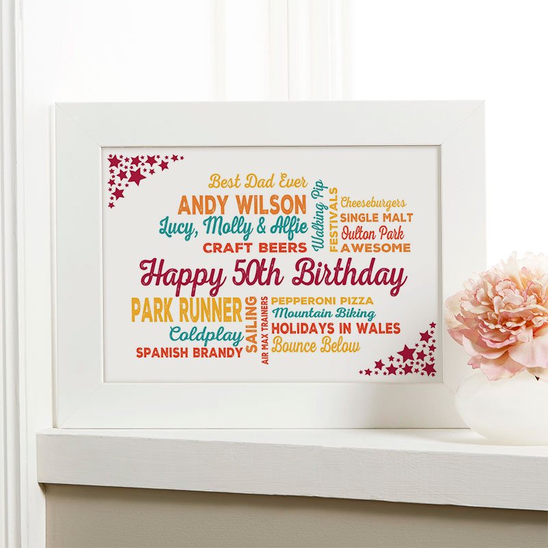personalised 50th birthday gift for men typographic wall art print