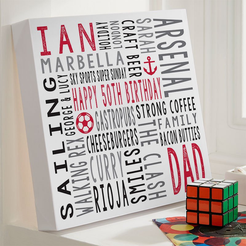 personalised mens 50th birthday gift word art square canvas print
