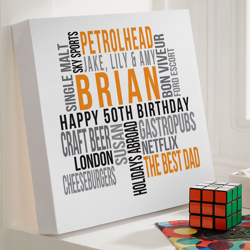 50th birthday present ideas for him personalised word print square likes