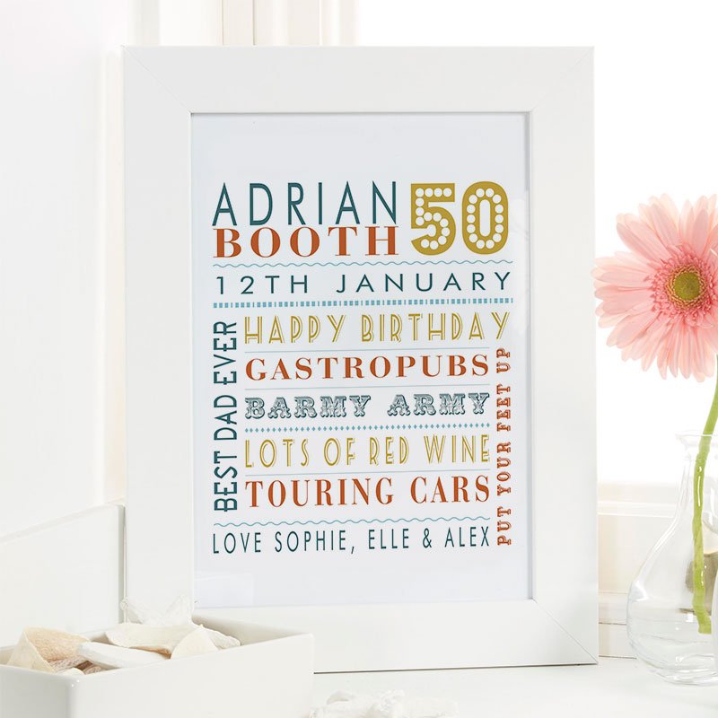 50th birthday gift for men personalised wall art picture print corner