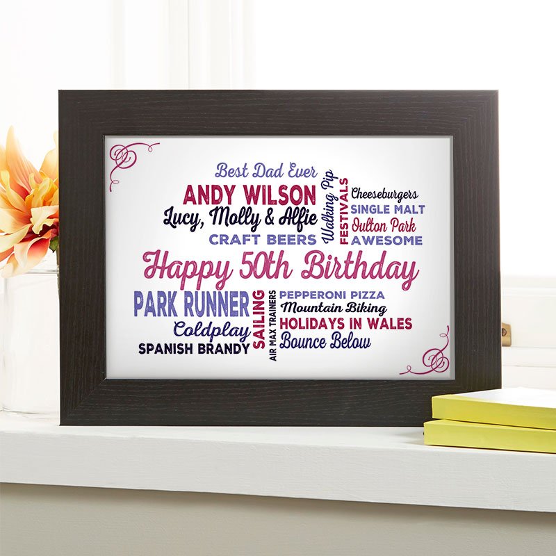 unusual 50th birthday gift for him typographic wall art framed print