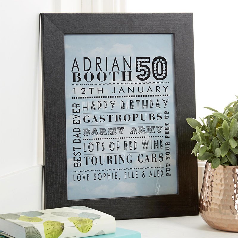 50th birthday gift inspiration for him personalised word picture canvas print corner