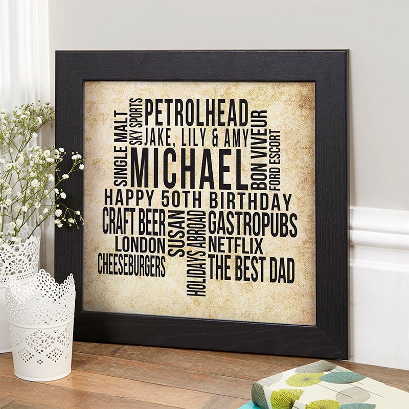 50th birthday gift inspiration for man personalised word print square likes