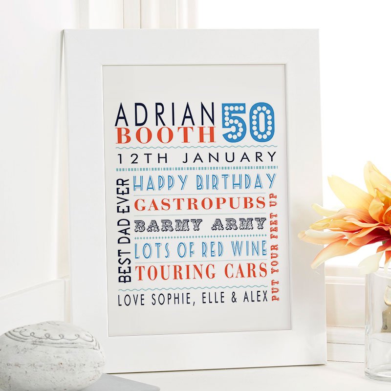 personalised mens 50th birthday present word art age print