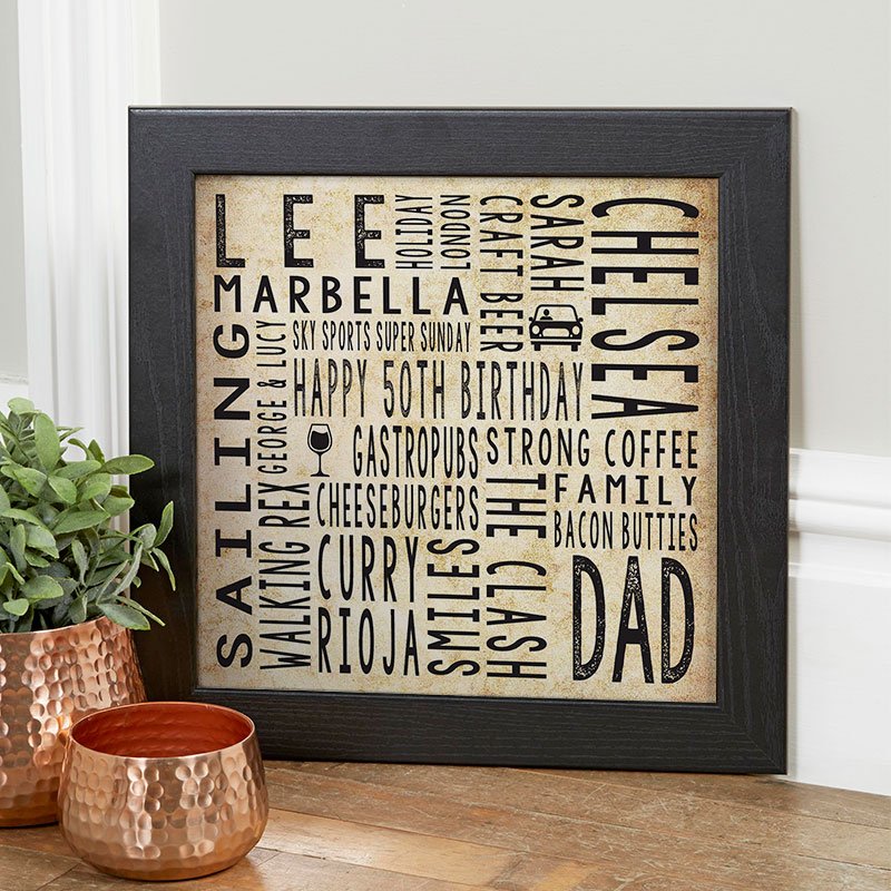 50th birthday present for husband personalised word print square canvas
