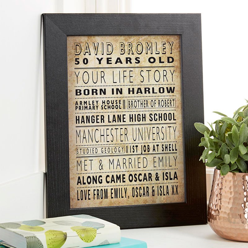 50th birthday present ideas for men life story picture print