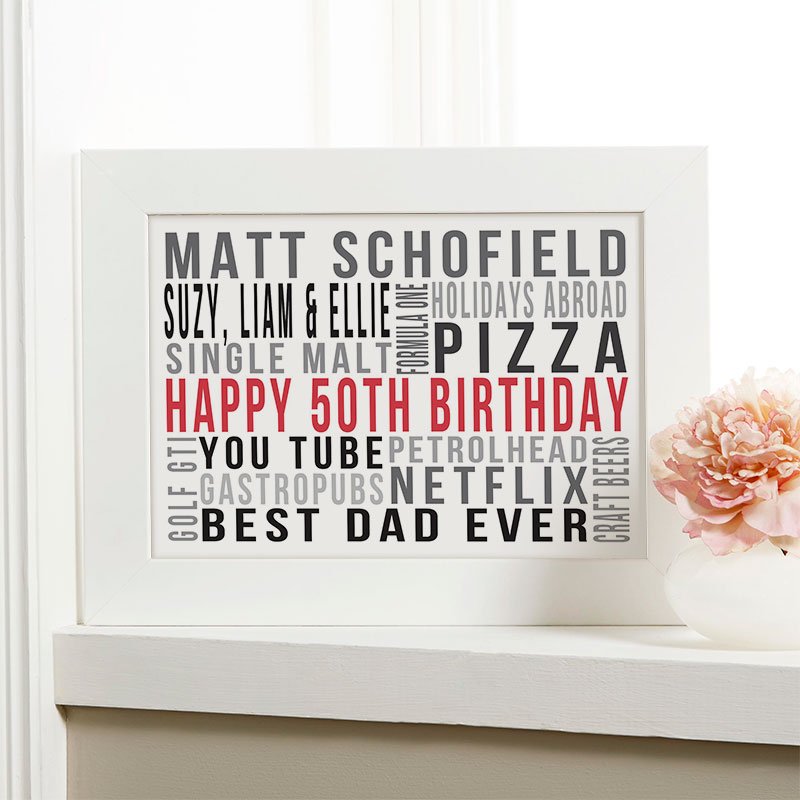 50th birthday present for him personalised word print landscape likes