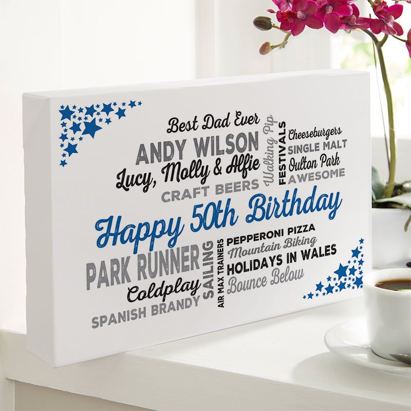 50th birthday personalised gift for him ideas word art for walls typography print