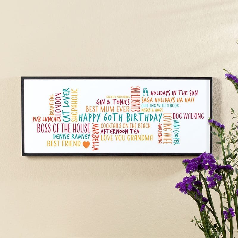 60th birthday gift for her personalised word cloud canvas picture