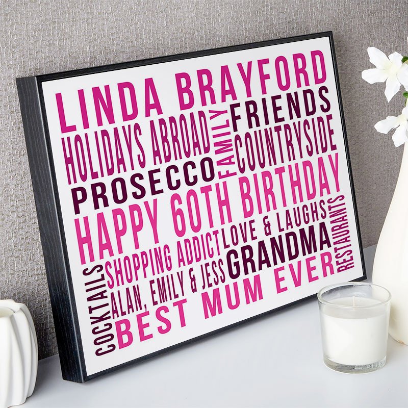 gifts for her 60th birthday personalised wall art word print landscape likes