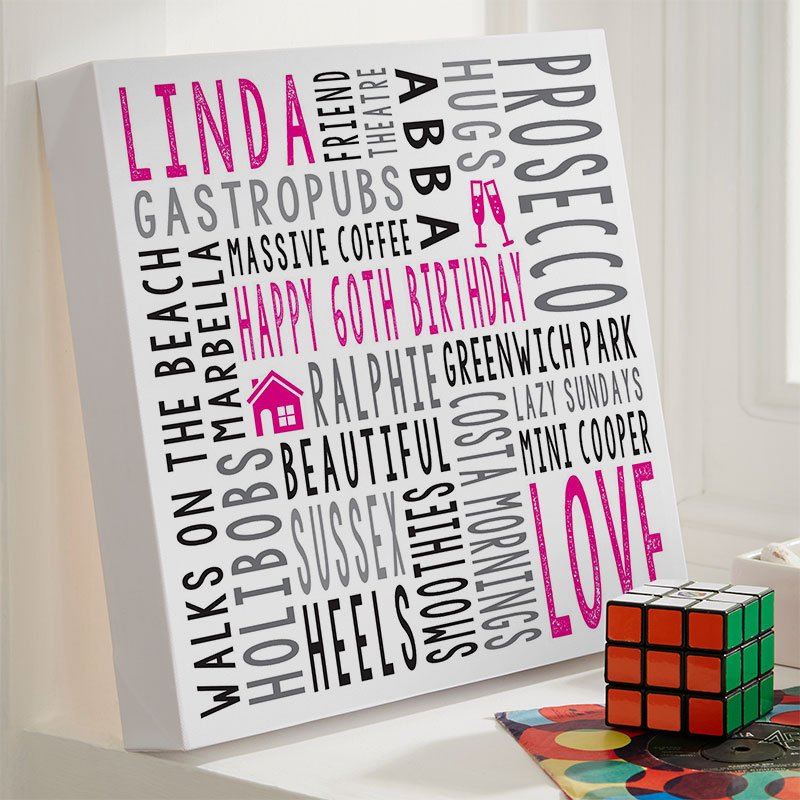 60th birthday present for her personalised word print square