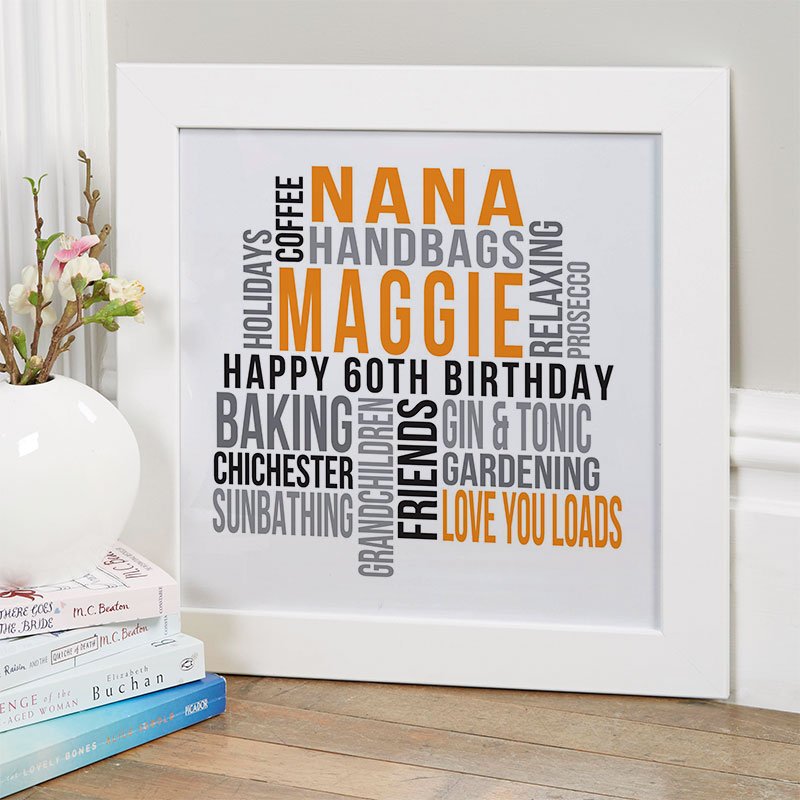60th birthday gift for her personalised wall art word print square likes