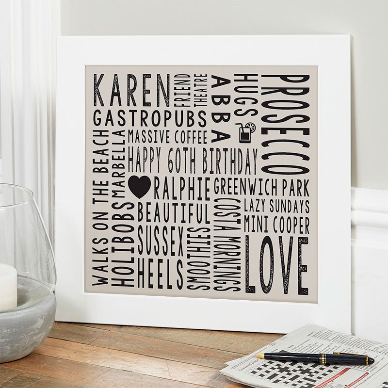 personalised 60th birthday gift for her word art square print