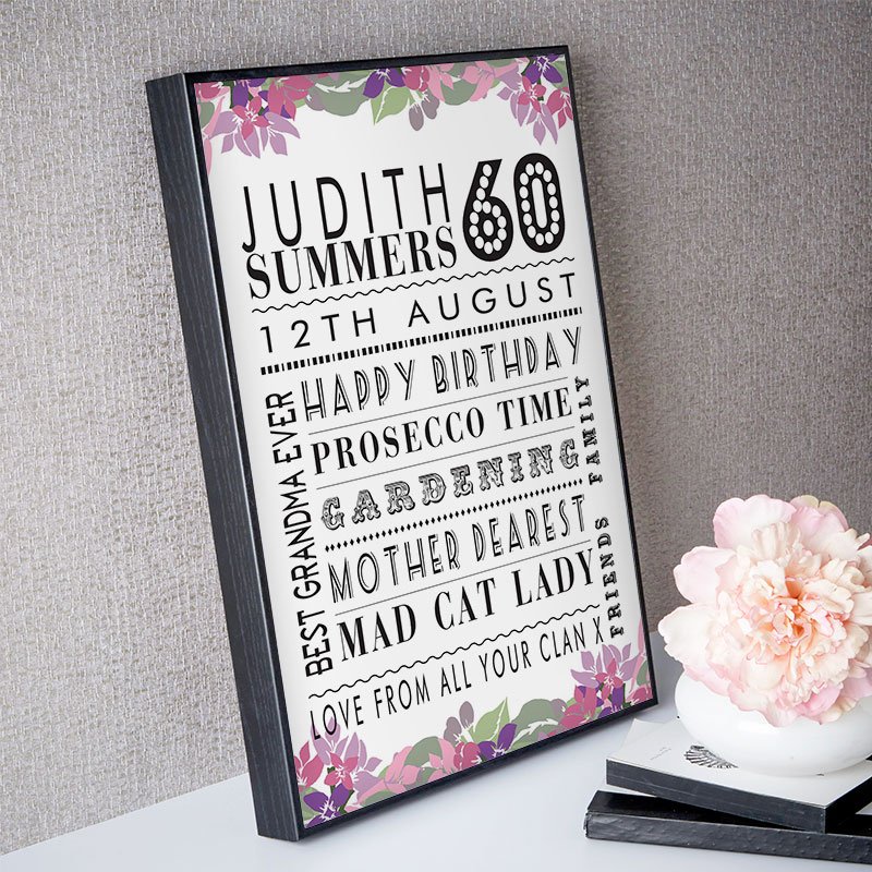 personalised 60th birthday present for her word art age print