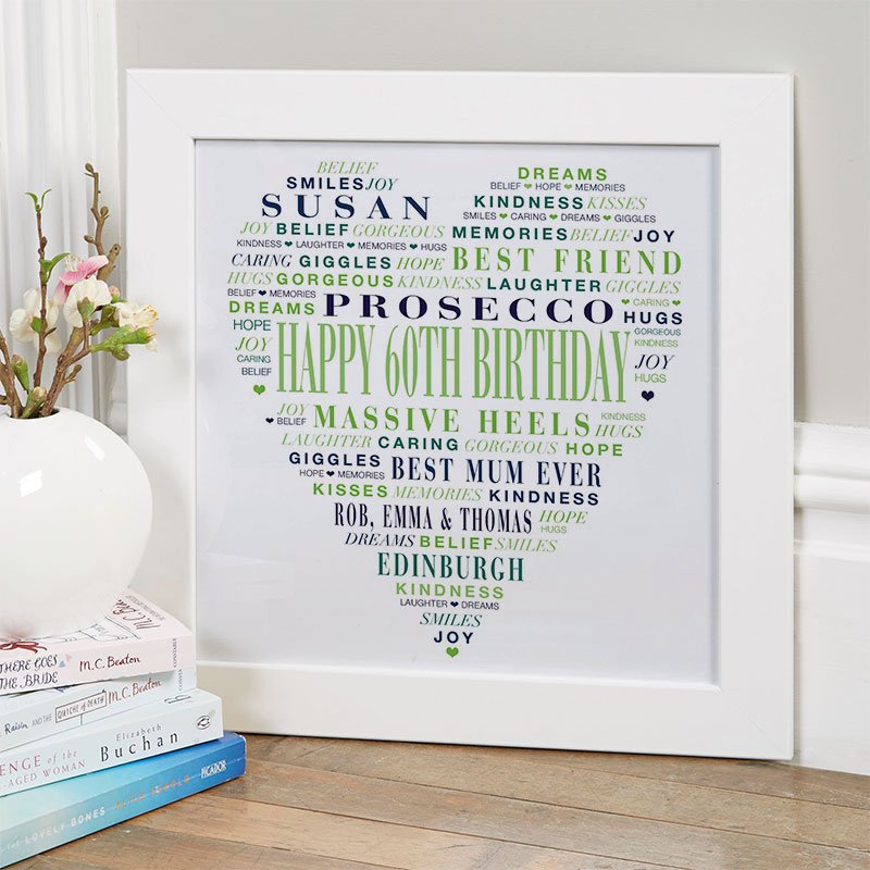 60th birthday gifts for her personalised word love heart print