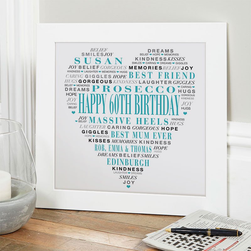 gift ideas for 60 year old woman personalised love heart print
