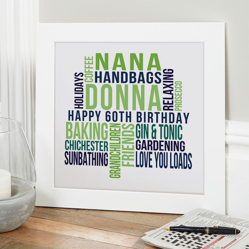 60th birthday gift inspiration personalised word print square likes