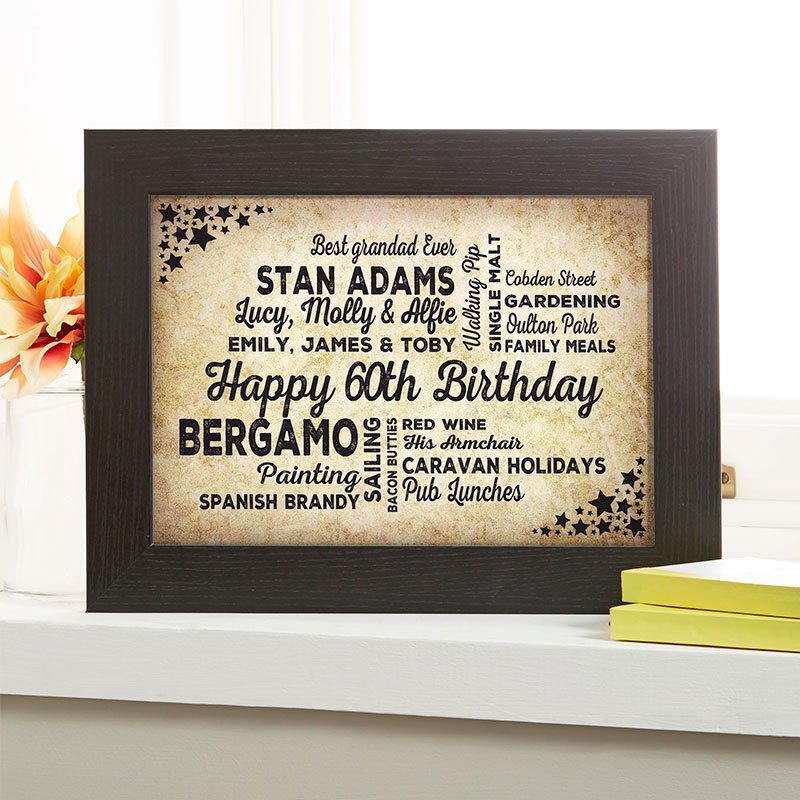 60th birthday gift for her typographic art personalised print