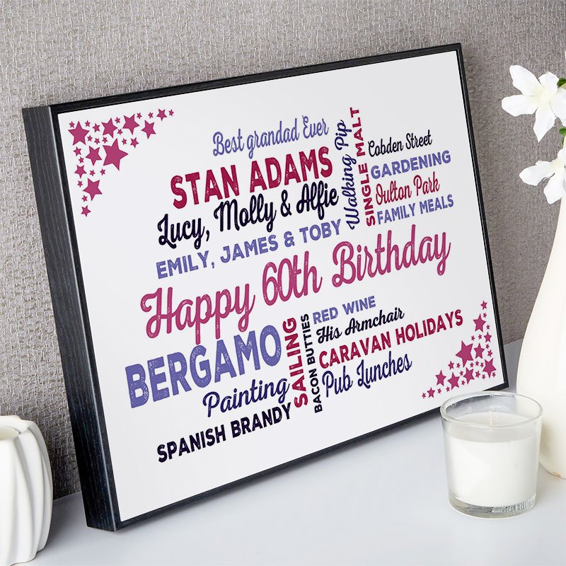 unusual 60th birthday gift for her typographic wall art framed print